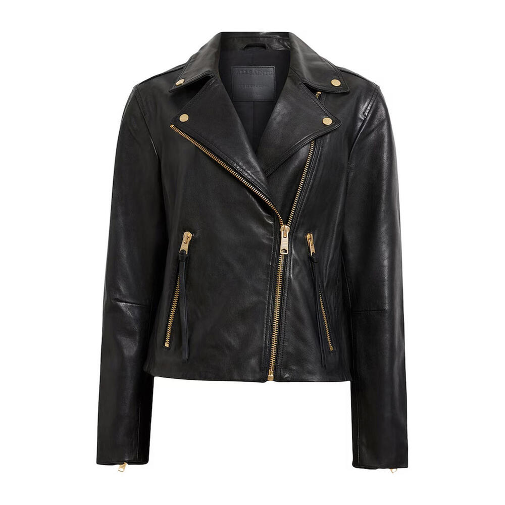 AllSaints Dalby Slim Fit Leather Biker Jacket Black/Gold